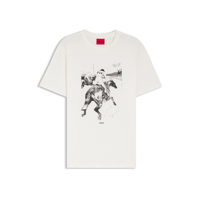 HUGO Cotton-jersey T-shirt with horse-racing artwork