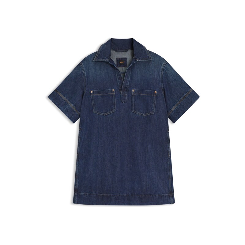 BOSS Blue-denim dress with Johnny collar