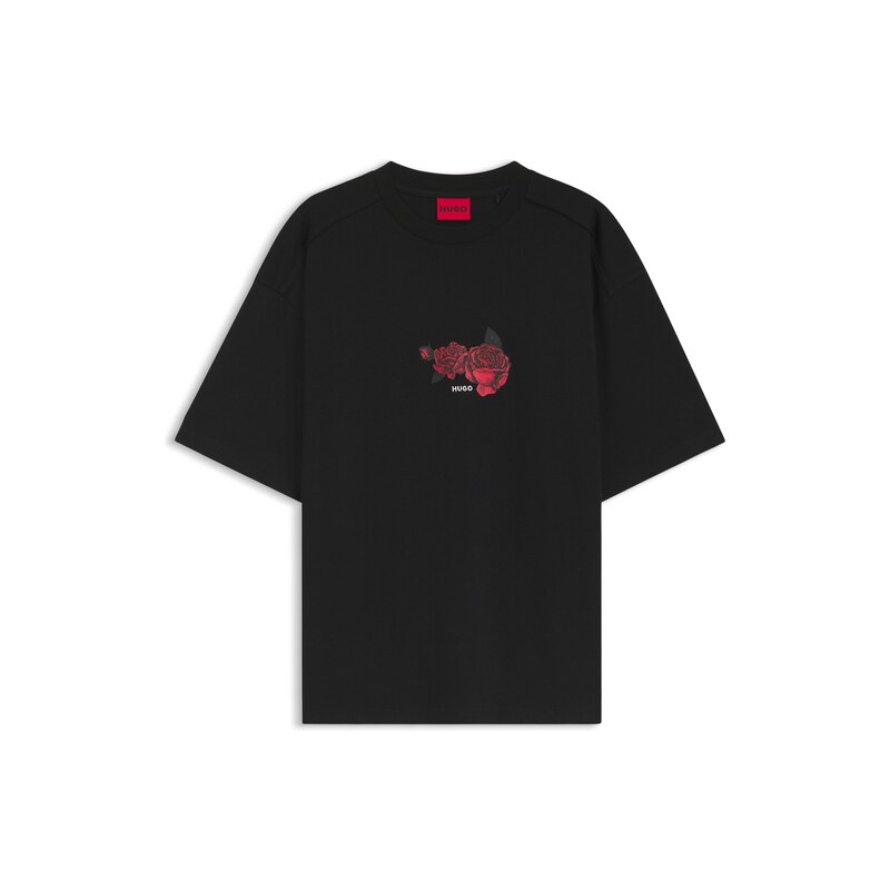 HUGO Oversized-fit cotton T-shirt with biker and roses graphic