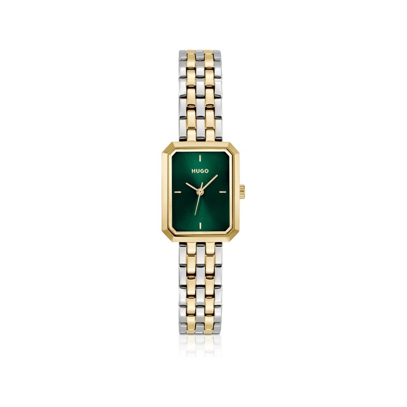 HUGO Rectangular two-tone watch with green dial