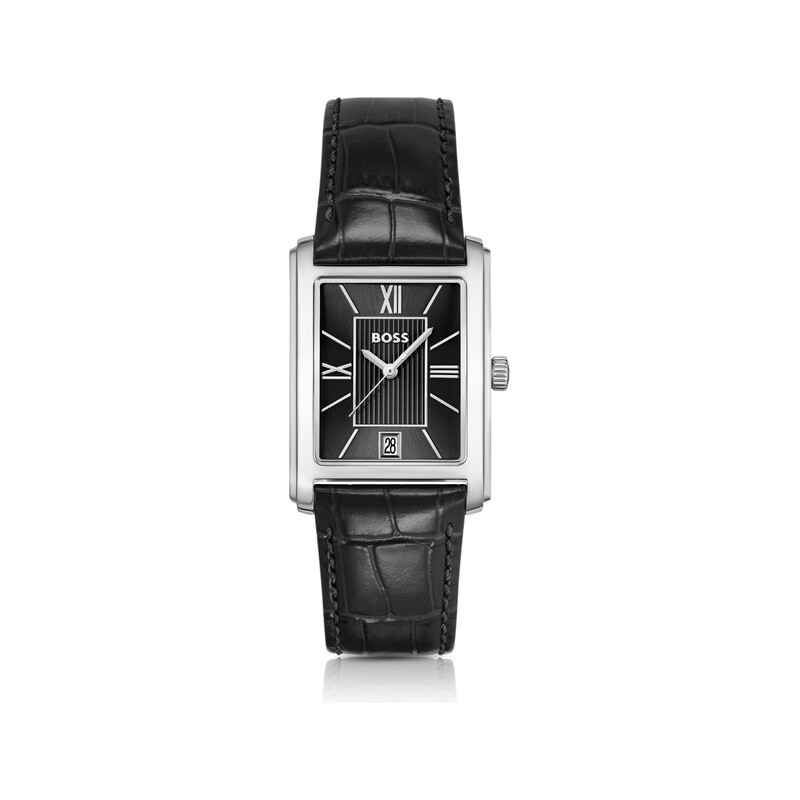 PRINCIPLE DRESS Black-dial watch with alligator-embossed leather