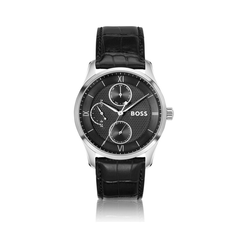 BOSS PRINCIPLE MASTER Black-textured-dial watch with leather