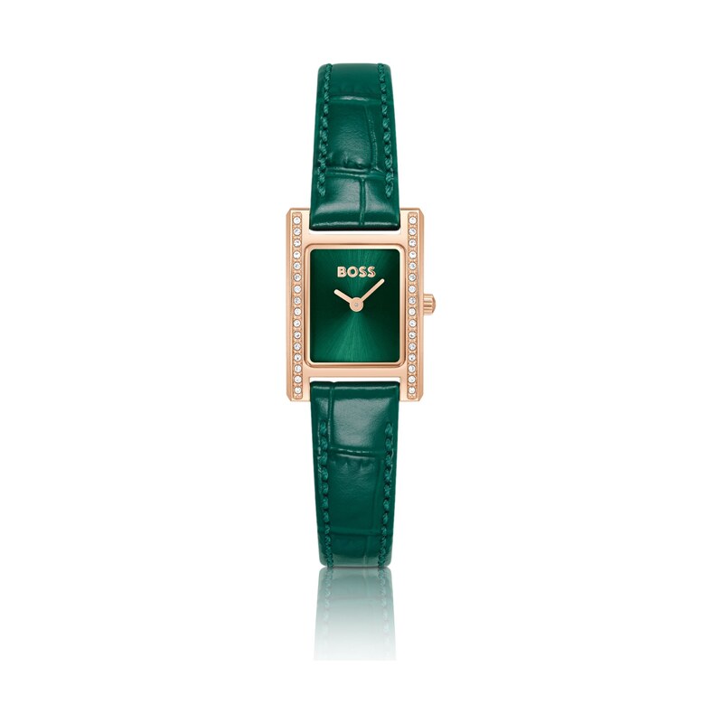 BOSS Crystal-embellished green-dial watch with green leather