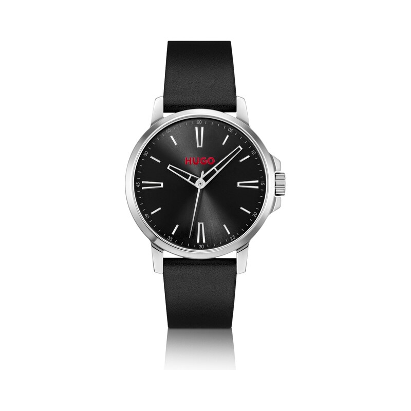 HUGO Black-dial watch with leather strap