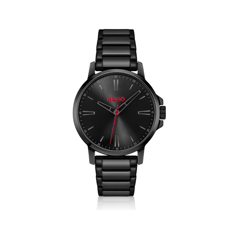 HUGO Black-plated watch with tonal steel bracelet
