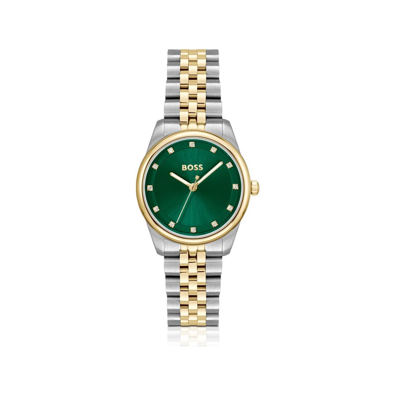 BOSS Green-dial watch with two-tone bracelet