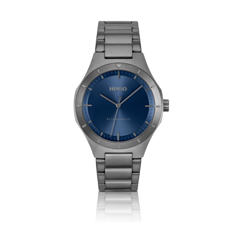 HUGO Lit grey-plated watch with blue dial