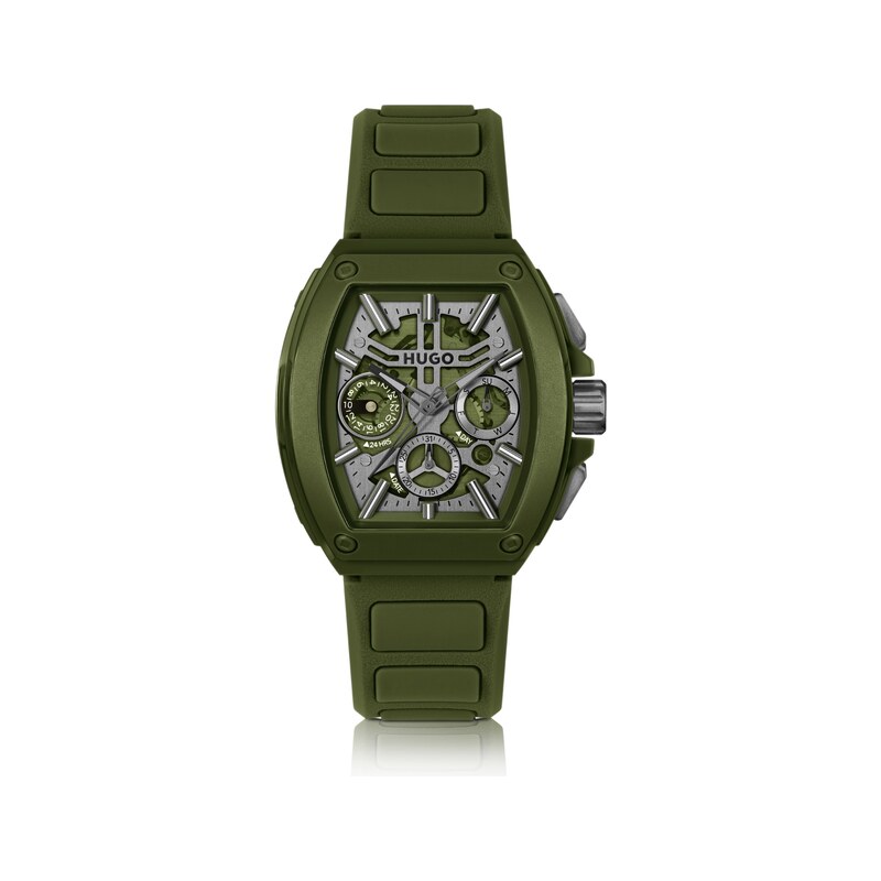 HUGO Green skeleton-dial watch with silicone strap