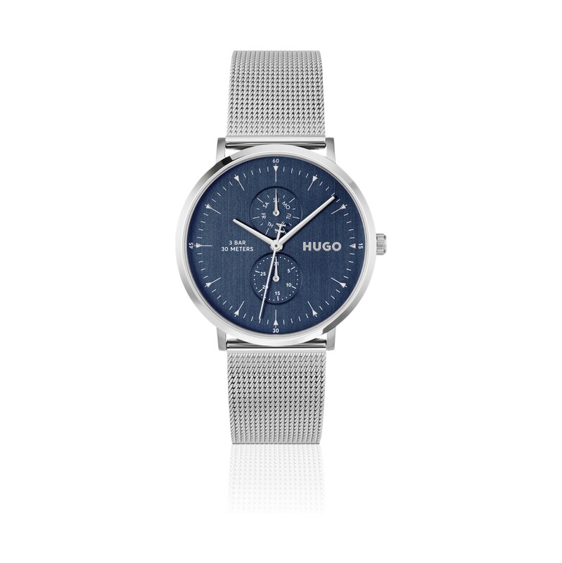 HUGO Style silver-tone watch with blue dial