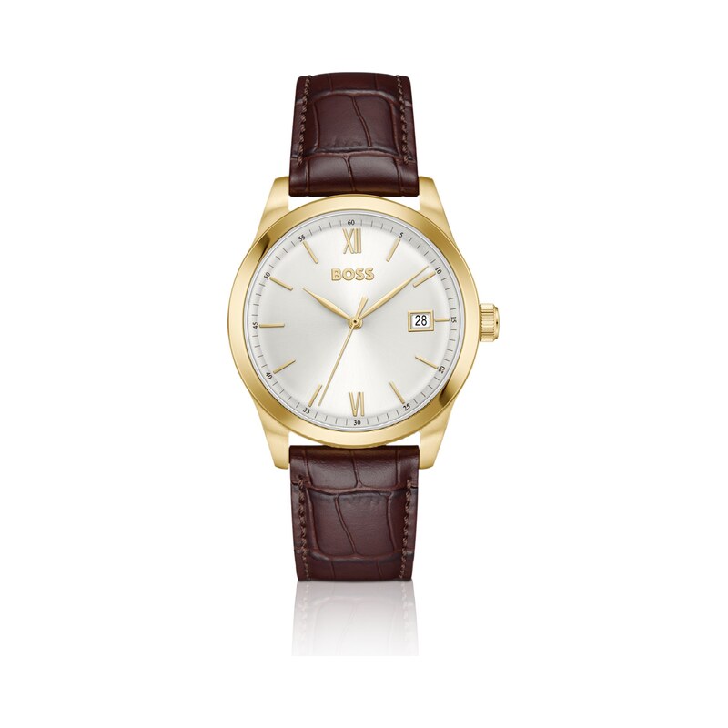 Langford silver-white-dial watch with embossed leather strap