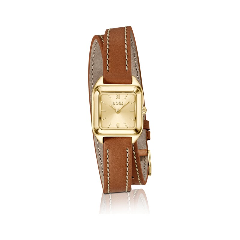 BOSS Mae Petite golden watch with double-wrap leather strap