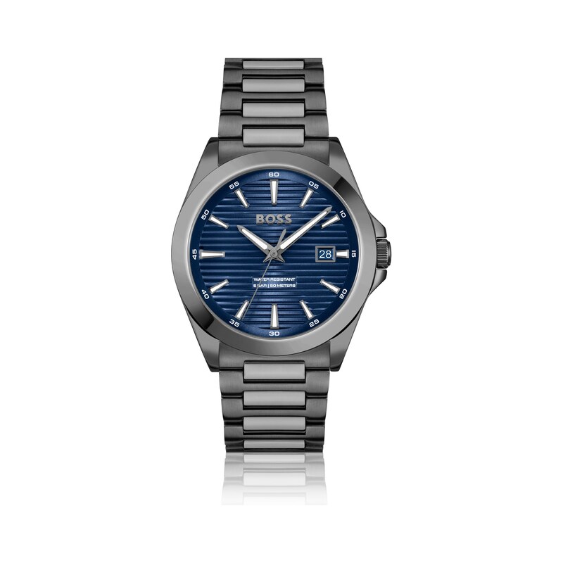 BOSS Grey-plated watch with blue ridged dial