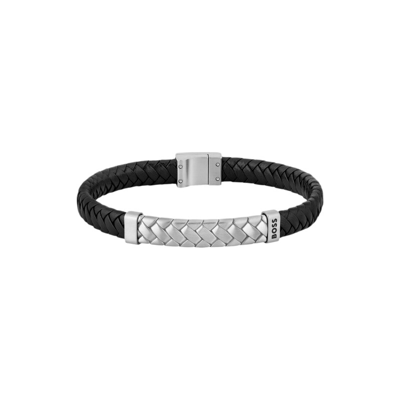 BOSS Black braided-leather cuff with herringbone hardware