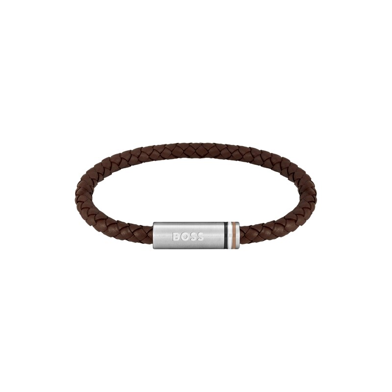 BOSS Brown braided-leather cuff with magnetic logo closure
