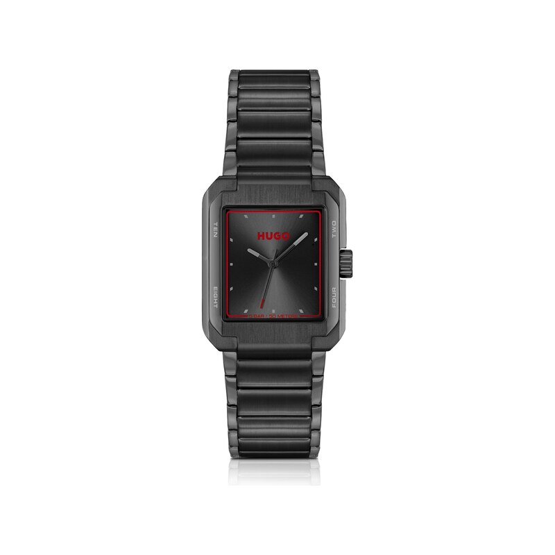 HUGO Black-steel watch with red accents