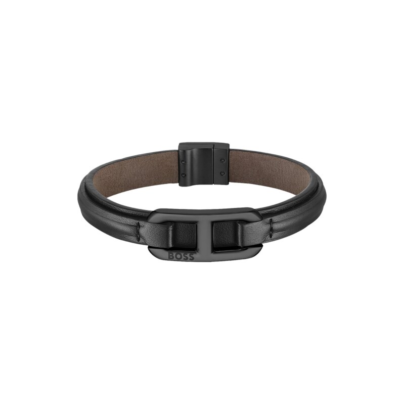 BOSS Layered leather cuff with branded black metallic link