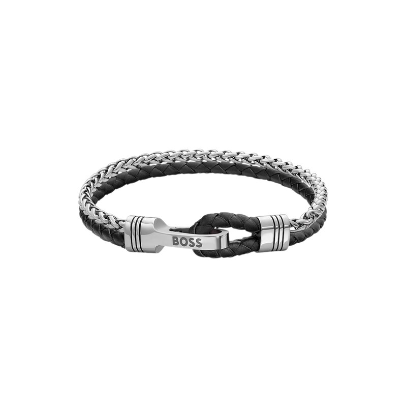 BOSS Braided cuff in black leather and stainless steel