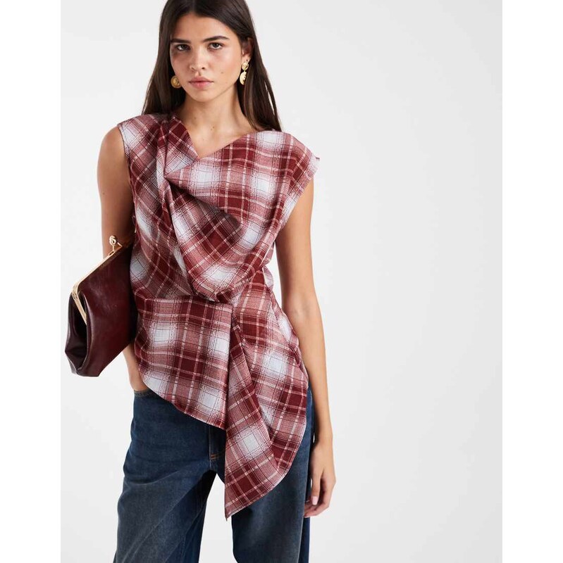 Vero Moda knot detail sleeveless asymmetric top in rust check