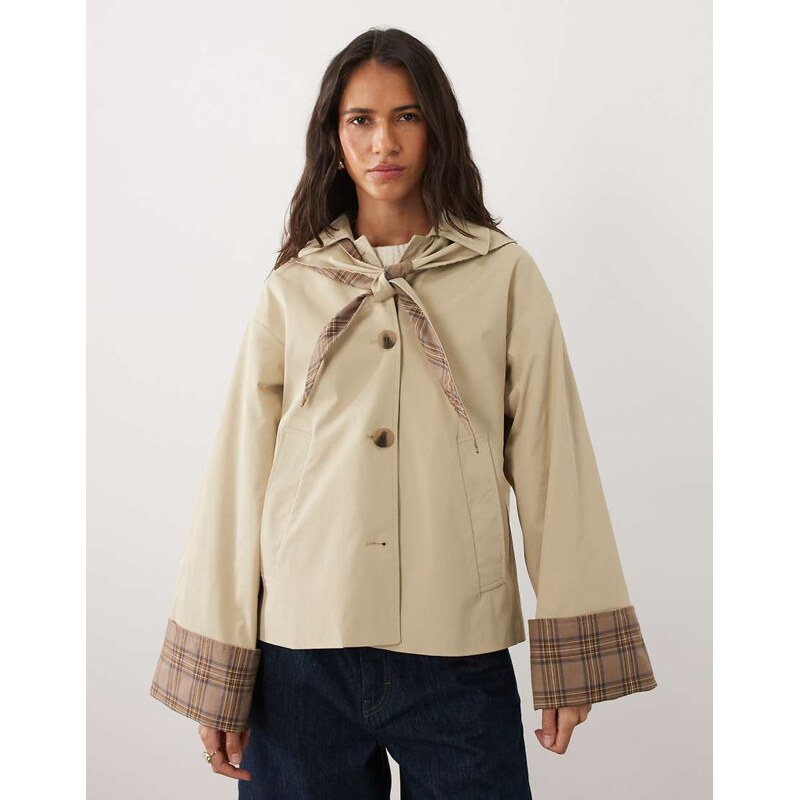 Vila scarf detail short trench coat with check trims in beige