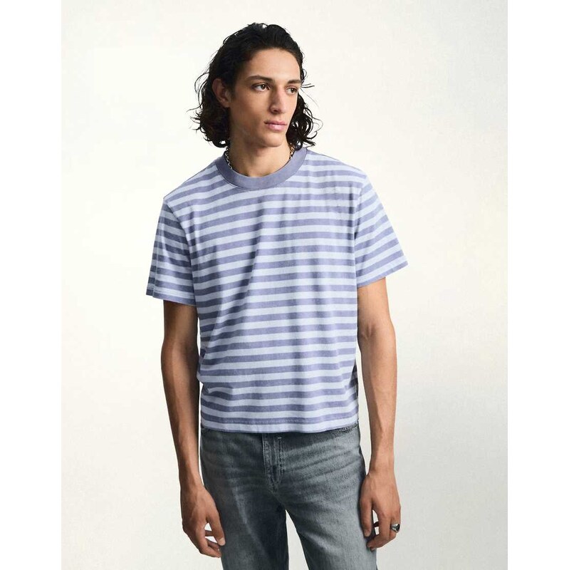 Bershka Washed stripe short sleeve t-shirt in light blue