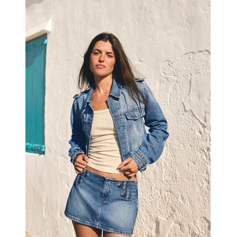 Bershka Cropped denim jacket in mid blue