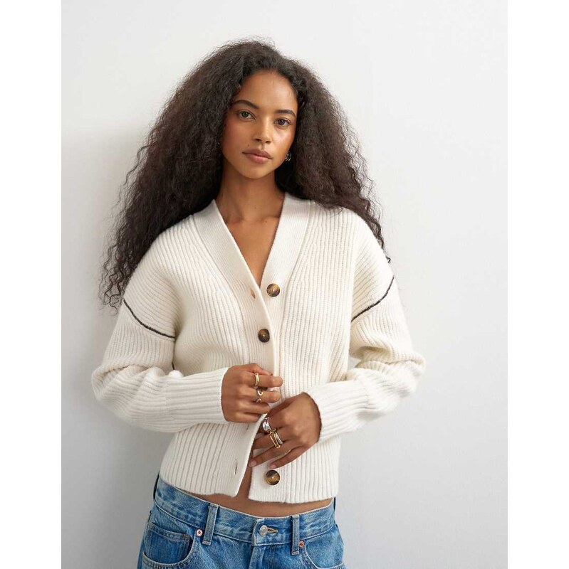 Topshop knitted v neck button front cardigan in ivory-Grey