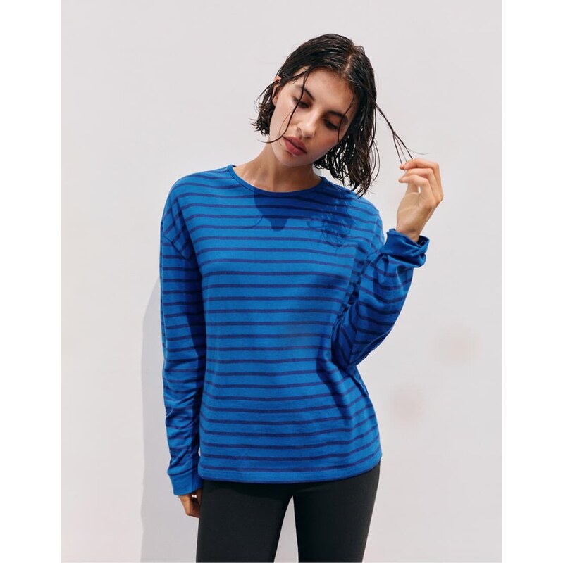 Pull&Bear Oversize long sleeve striped t-shirt in blue-Multi
