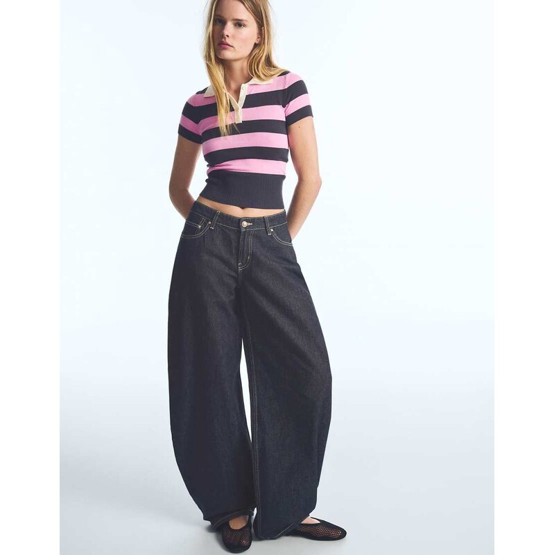 Bershka Short-sleeved stripe knit jumper in pink