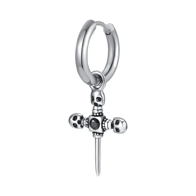 Impress Jewelry Ocelová Náušnice kruh kříž s lebky 14mm Stříbrná