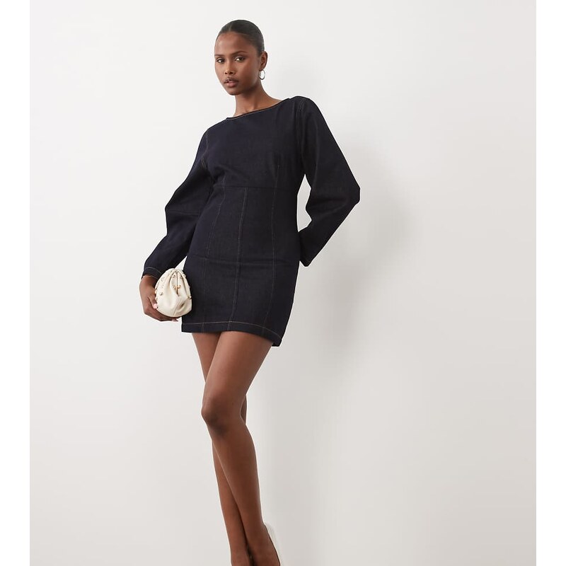 The Frolic exclusive denim cinched waist balloon sleeve mini