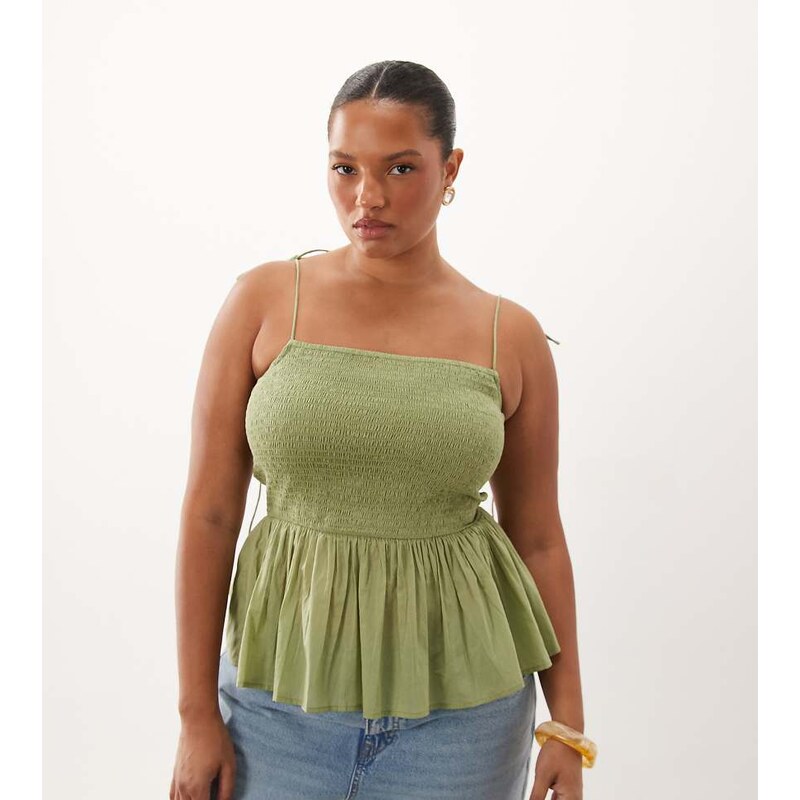 ASOS Curve ASOS DESIGN Curve shirred detail peplum cami in khaki