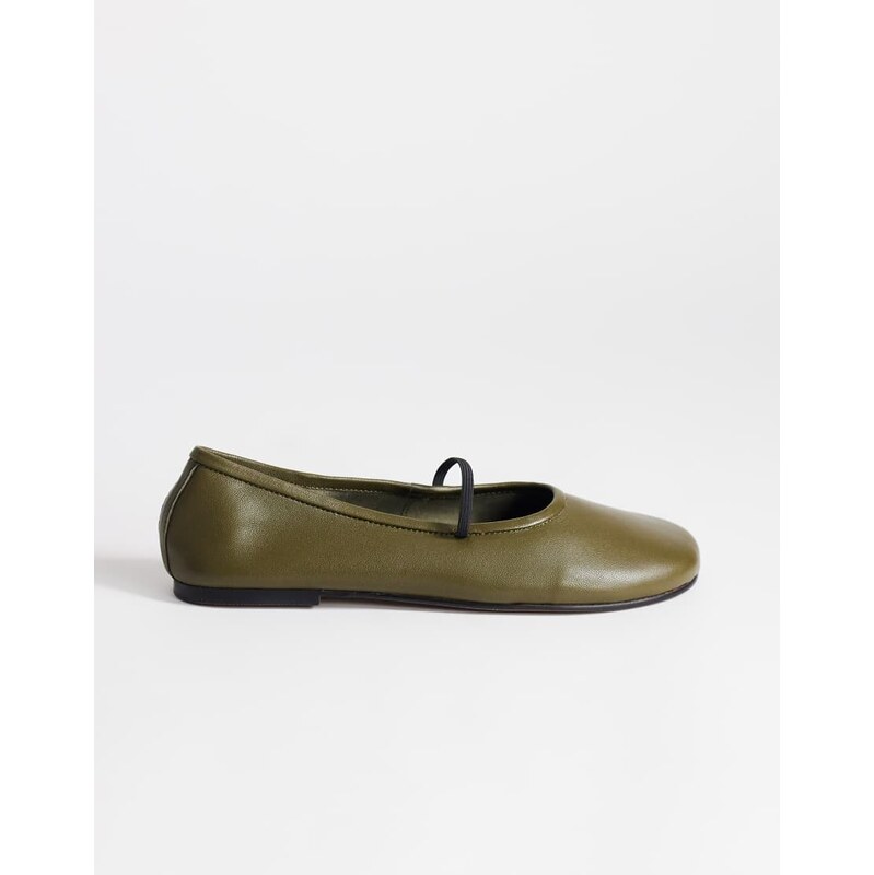 Topshop Bella leather round toe ballet flat in khaki-Green