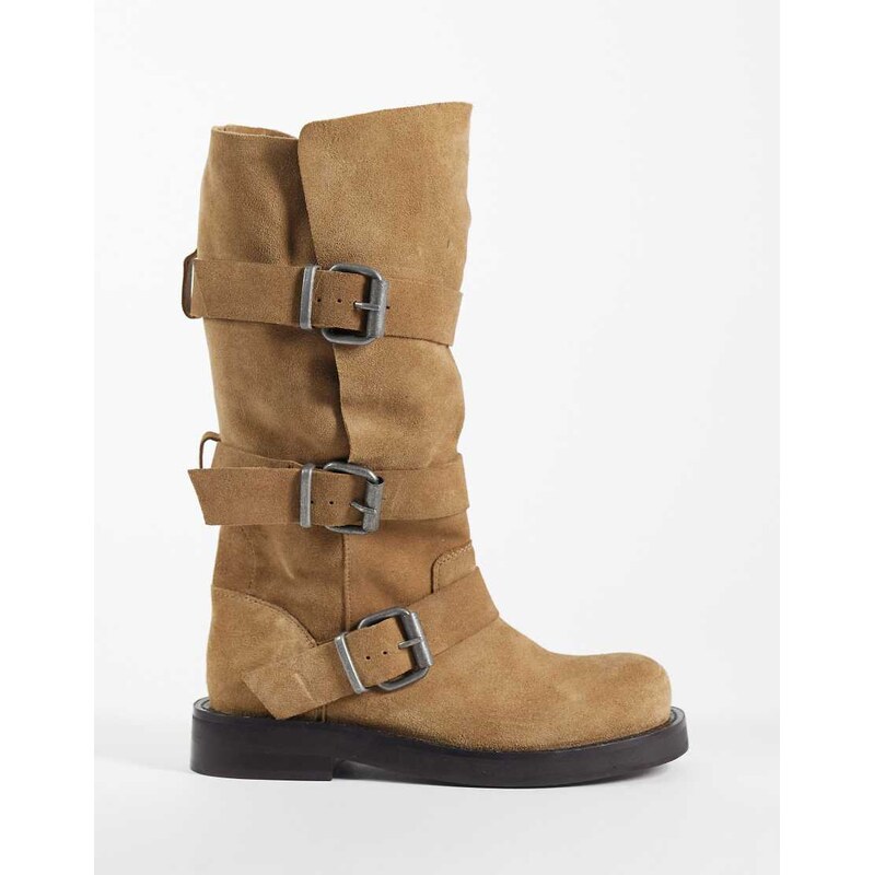 ASOS DESIGN Clover boho buckle slouchy knee boots in taupe suede
