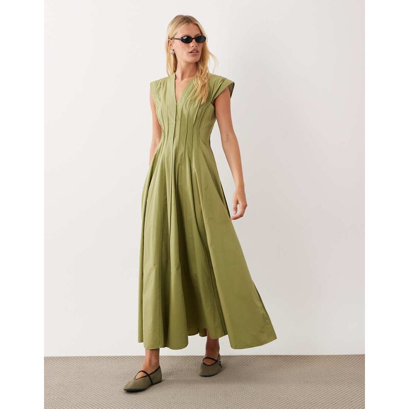 ASOS DESIGN v neck midi dress with sculpting panels in olive