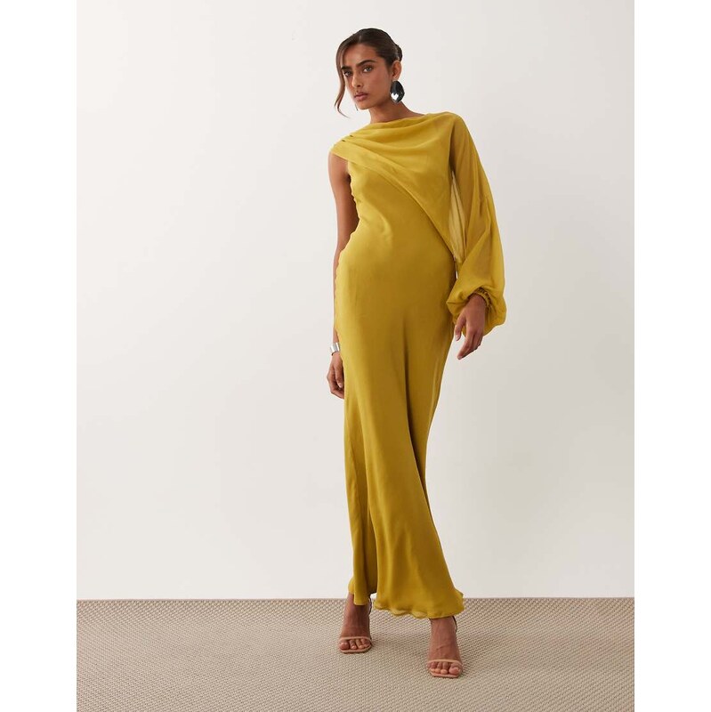 ASOS DESIGN draped one sleeve bias maxi dress in light olive