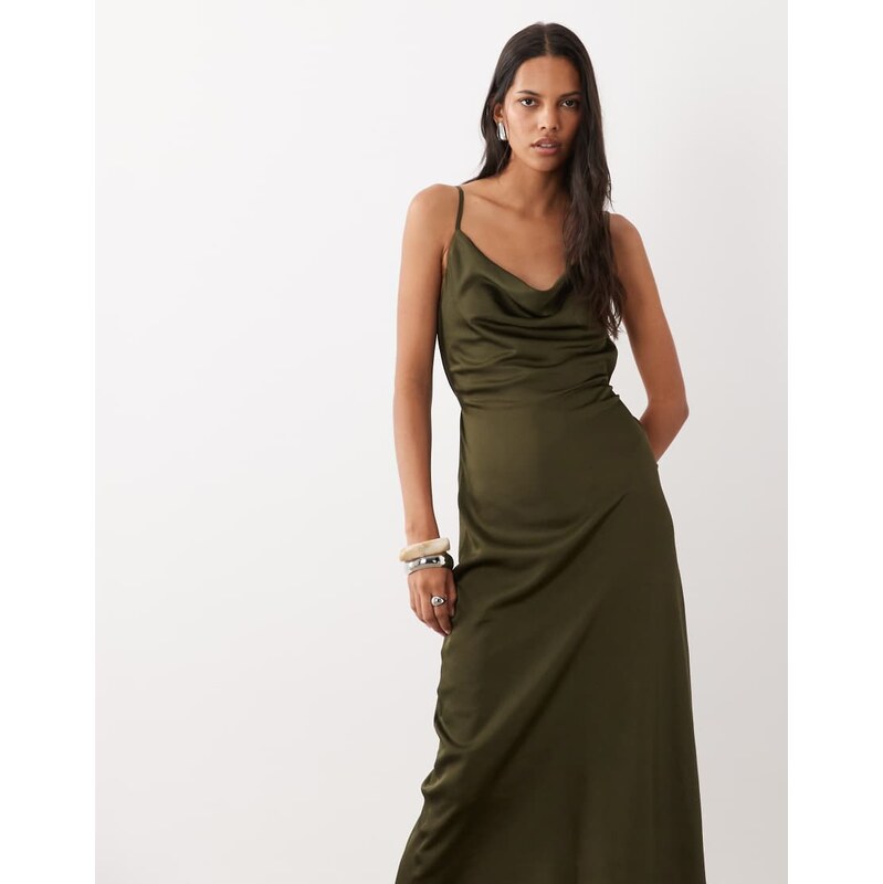 New Look satin cowl neck midi dress in khaki-Green