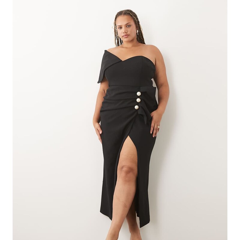 ASOS LUXE Curve structured drape midi dress with pearl detail in