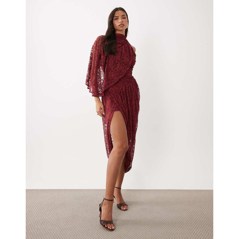 ASOS DESIGN one shoulder draped asymmetric dress in wine-Red