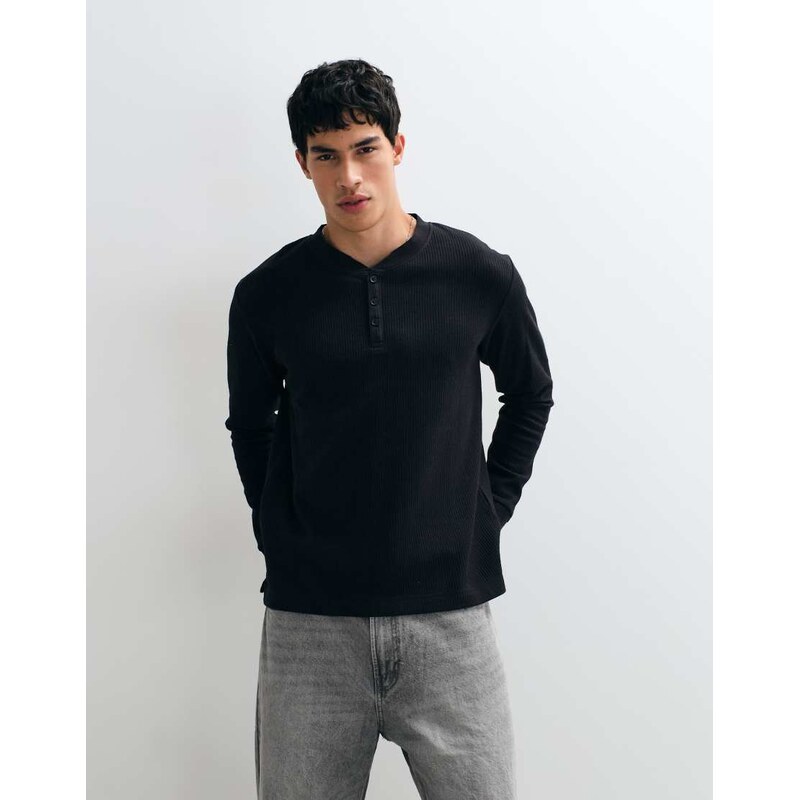 Jack & Jones long sleeve henley top in black
