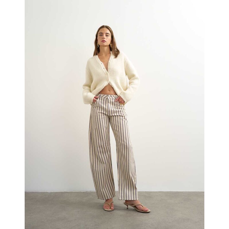 Topshop Barrel mid rise jean in blue and natural stripe-Multi