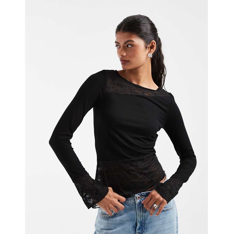 Pieces long sleeve asymmetric lace top with cuff details in