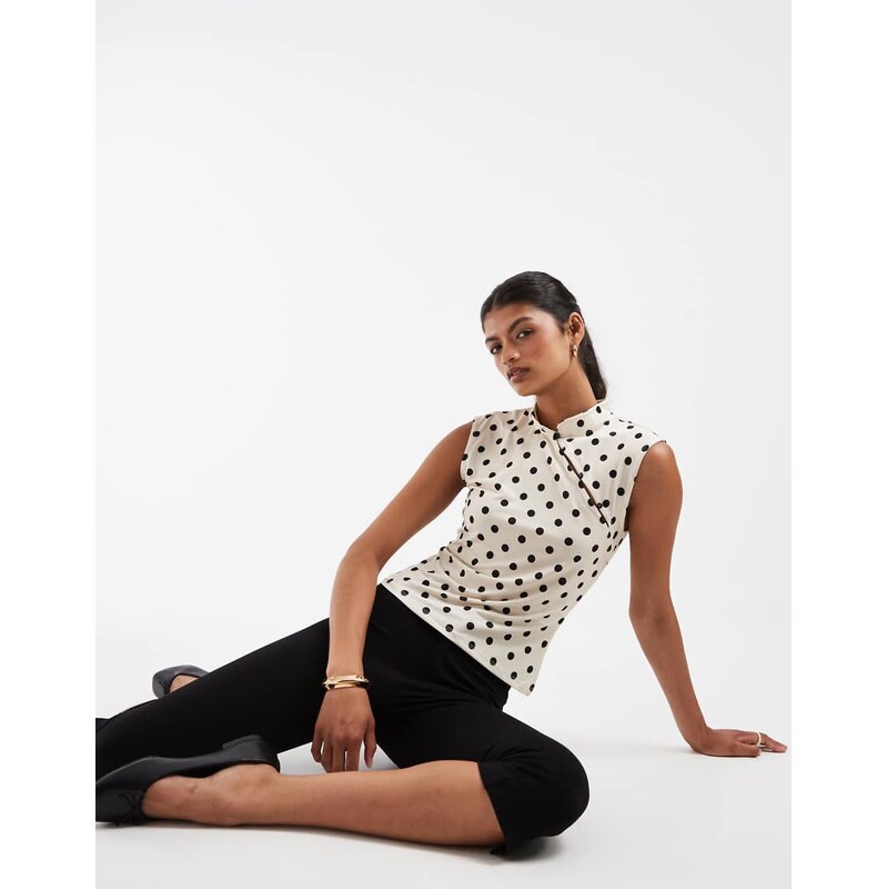 Pieces asymmetric button jersey top in cream and black polka dot