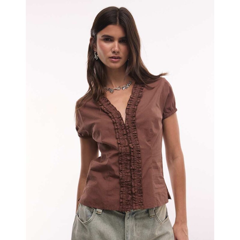 COLLUSION frill detail short sleeve blouse in brown-Black