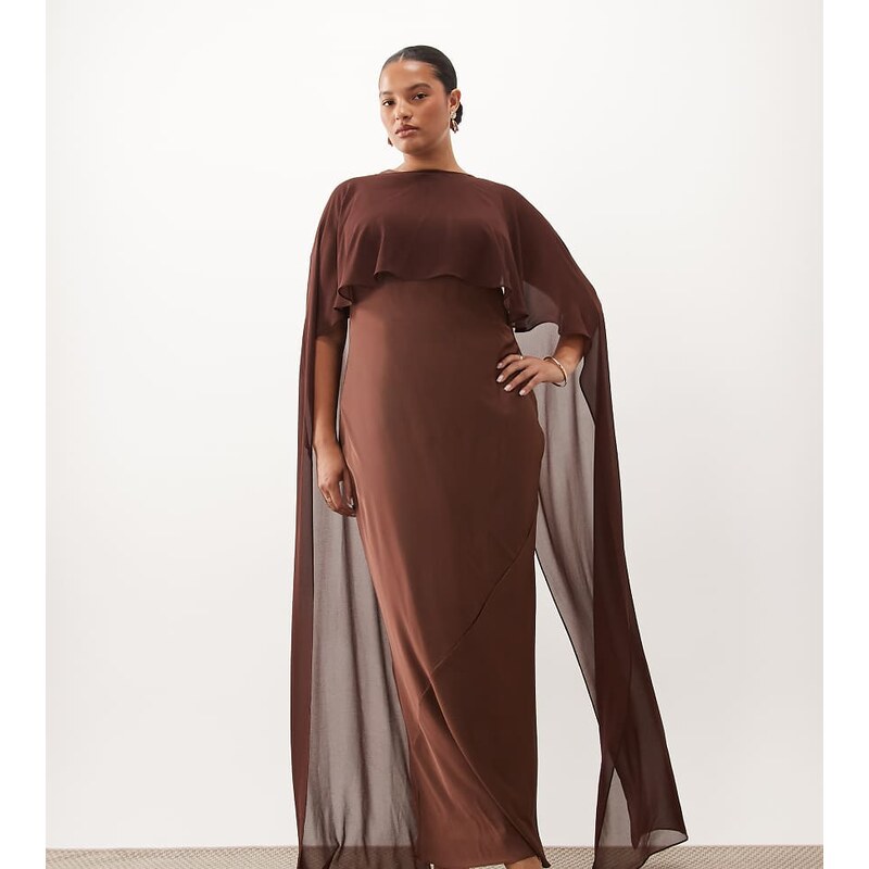 TFNC Plus satin slash neck cape detail maxi dress in chocolate