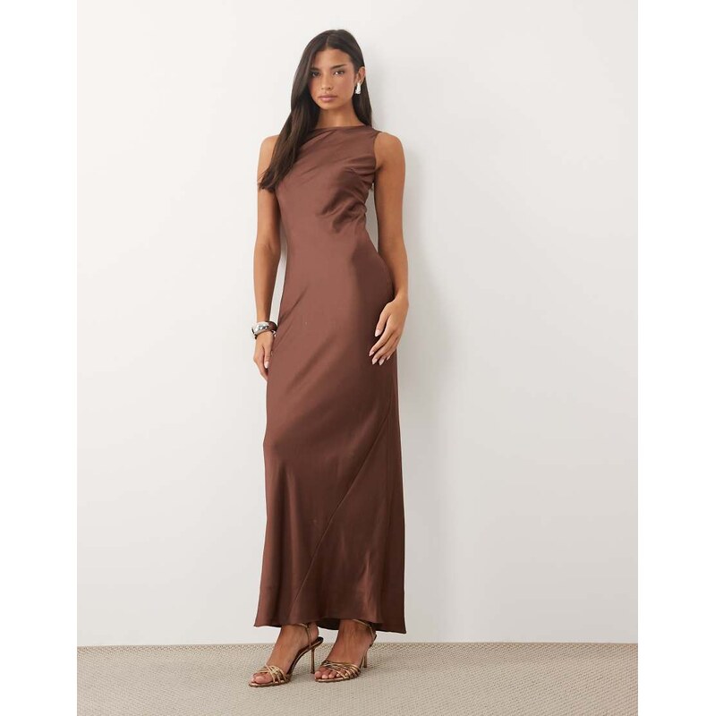 TFNC satin slash neck cape detail maxi dress in chocolate-Brown