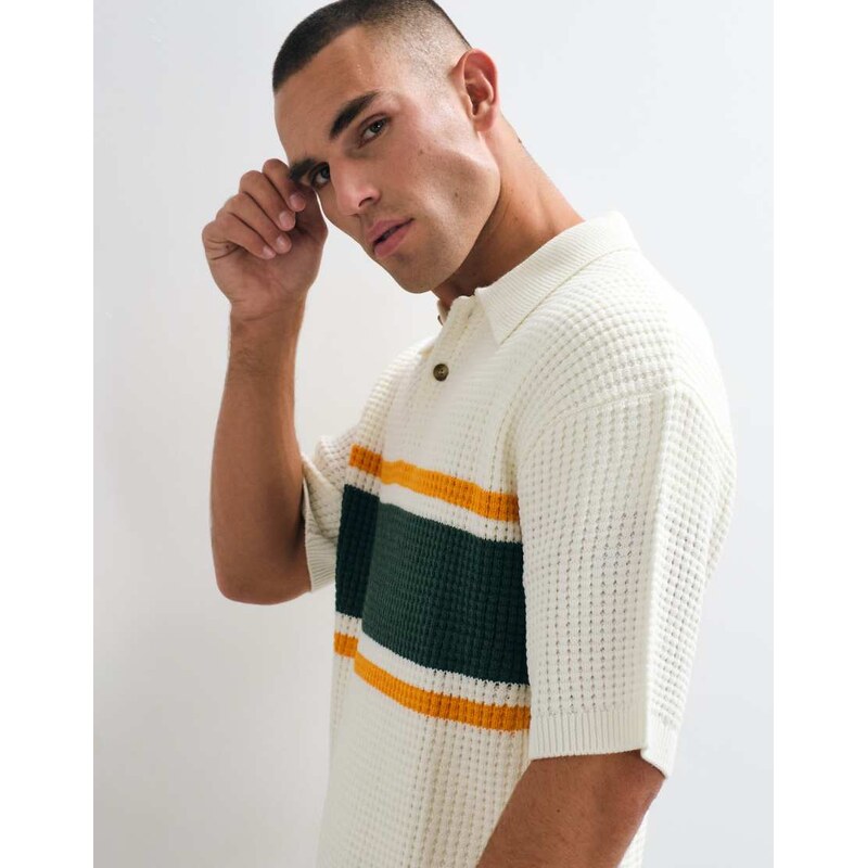 BLKVIS waffle knitted wool mix polo shirt in white/green