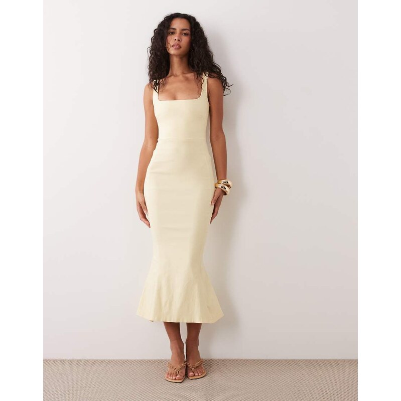 Vesper bengaline sleeveless square neck fishtail midi dress in