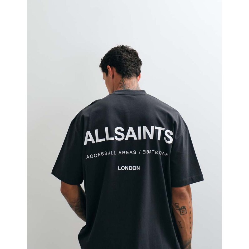AllSaints Backstage graphic logo t-shirt with back print in dark