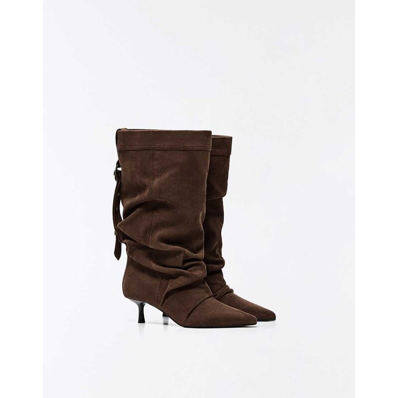 Bershka Slouchy heeled ankle boots in brown
