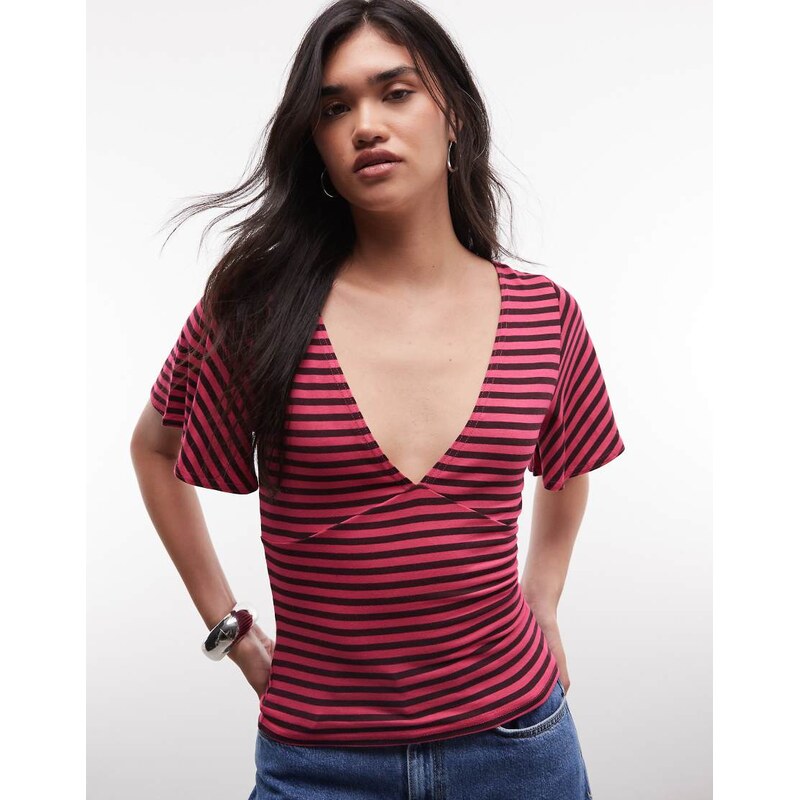 COLLUSION deep v batwing top in pink + grey stripe